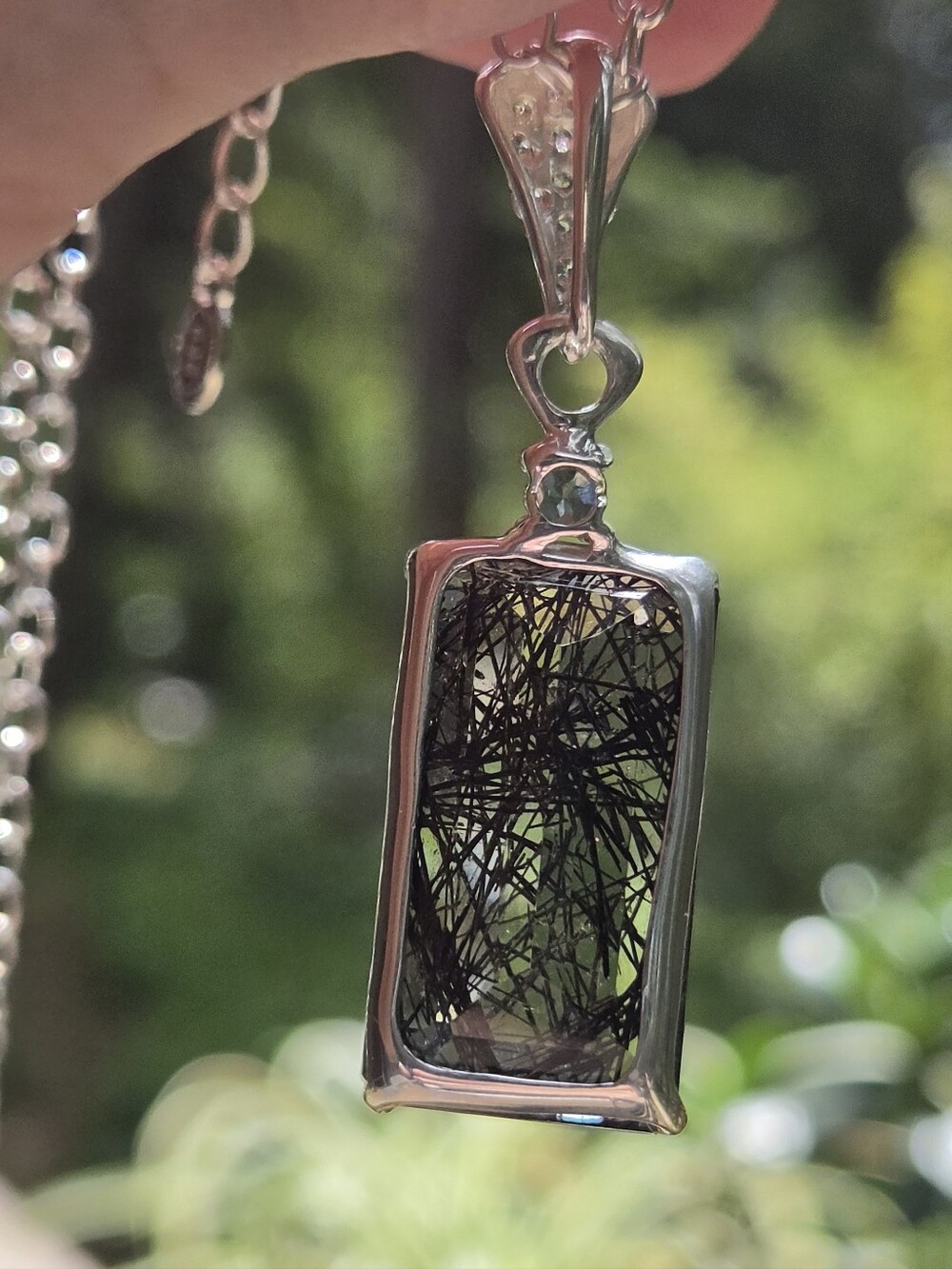 Rutilated Quartz Emerald Cut Natural 28k Topaz&tourmaline Pendant Necklace 18" - Picture 7 of 13